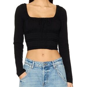 Free People Scarlet Smocked Long Sleeve Crop Top in Black XS